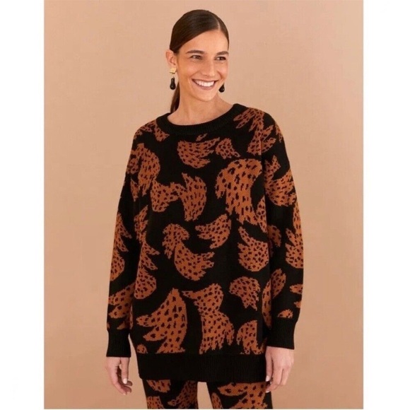 FARM Rio Sweaters - FARM Rio Women’s Black Brown Bananica Intarsia Crewneck Oversized Sweater XS